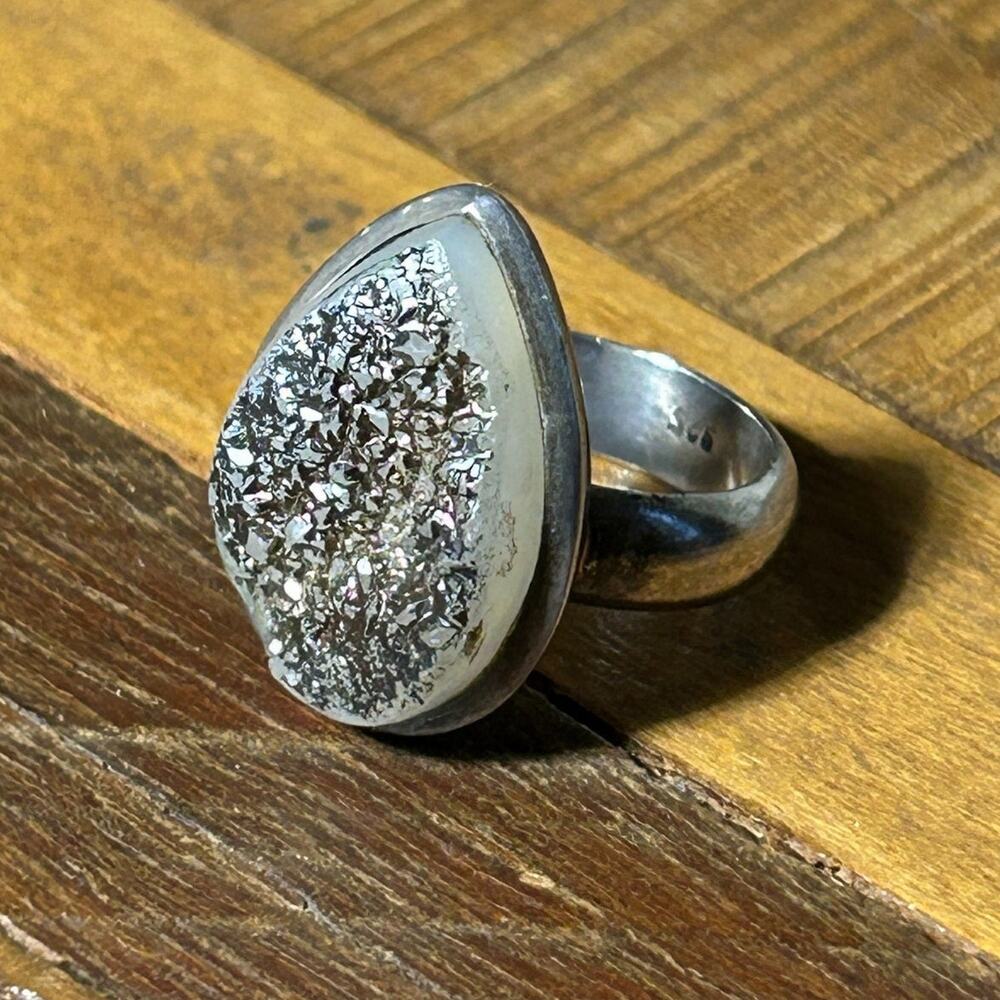 Sterling Silver Vintage Druzy Quartz Teardrop Ring – Stamped 925